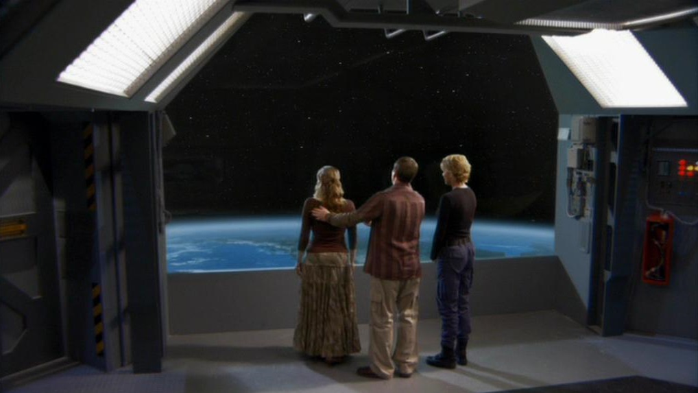 Jeanie sieht die Erde von Bord der Daedalus aus.