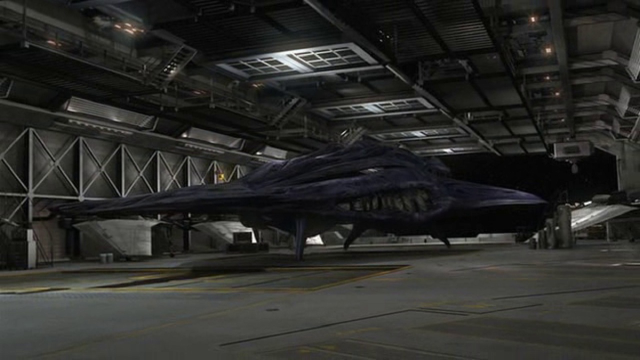 Ein Wraith-Shuttle landet im Hangar der Daedalus.