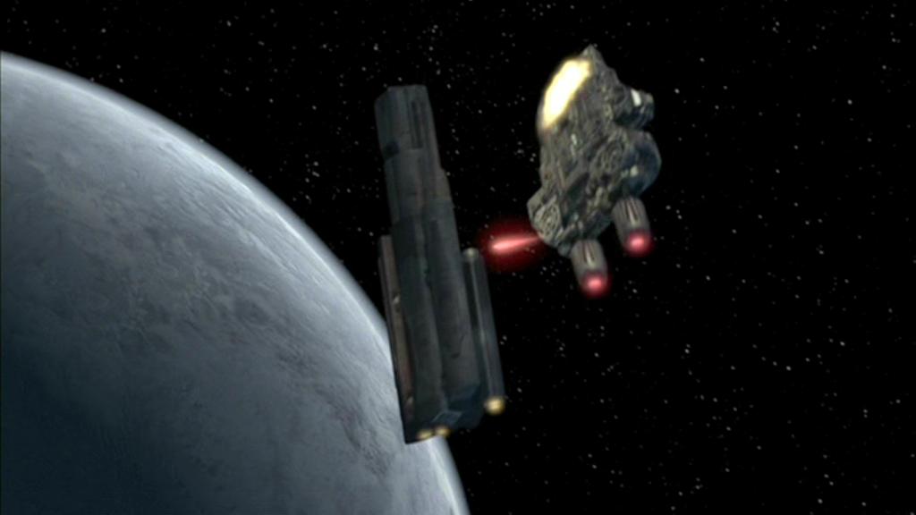 Ein Raumschiff der Pegasus-Asgard kämpft über M6H-987 mit einem Schiff der Reisenden. Animation