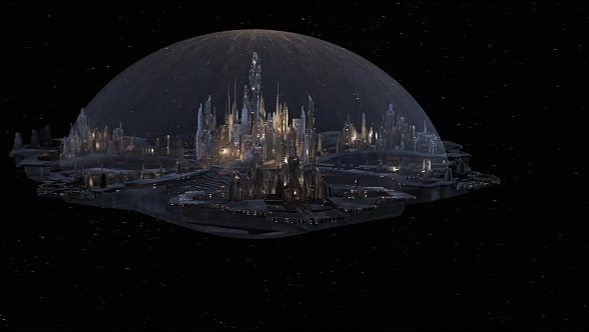 Atlantis treibt mit aktiviertem Schutzschild im All.
