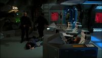 Carter, O'Neill und Teal'c finden auf der Brücke die bewusstlosen Entführer.