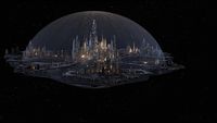 Atlantis treibt mit aktiviertem Schutzschild im All.